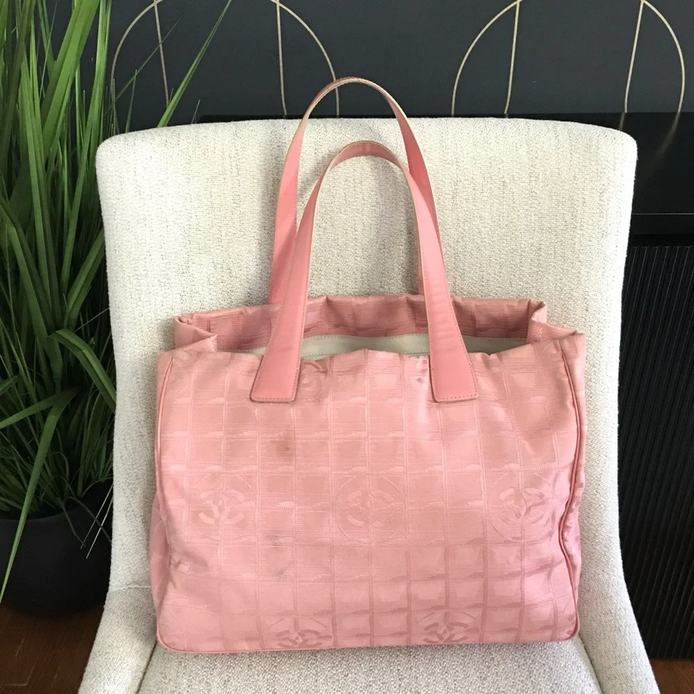 Authentic CHANEL travel line tote bag pink canvas